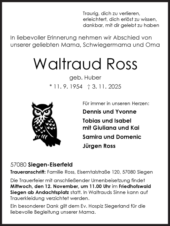 Traueranzeige von Waltraud Ross von Siegener Zeitung