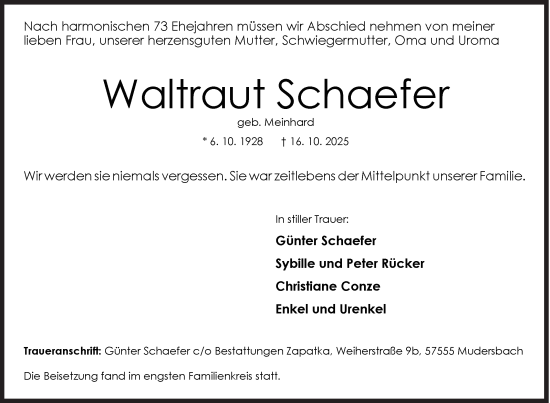 Traueranzeige von Waltraut Schaefer von Siegener Zeitung