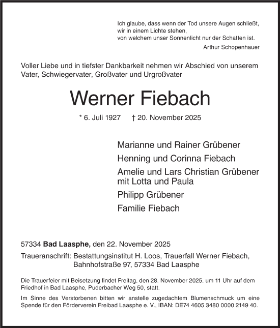 Traueranzeige von Werner Fiebach von Siegener Zeitung