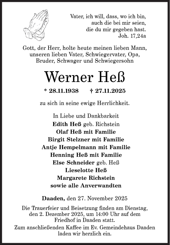 Traueranzeige von Werner Heß von Siegener Zeitung