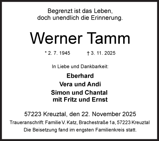 Traueranzeige von Werner Tamm von Siegener Zeitung