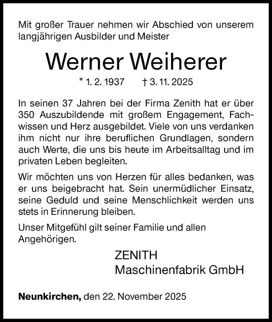 Traueranzeige von Werner Weiherer von Siegener Zeitung