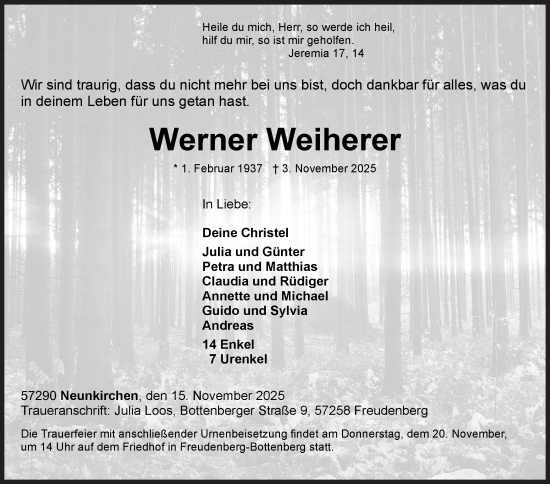 Traueranzeige von Werner Weiherer von Siegener Zeitung
