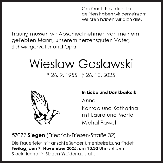 Traueranzeige von Wieslaw Goslawski von Siegener Zeitung