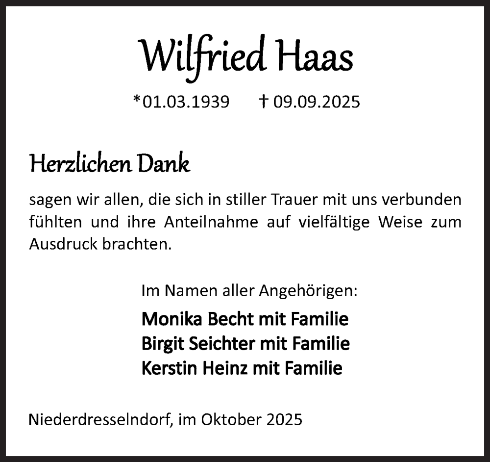  Traueranzeige für Wilfried Haas vom 01.11.2025 aus Siegener Zeitung