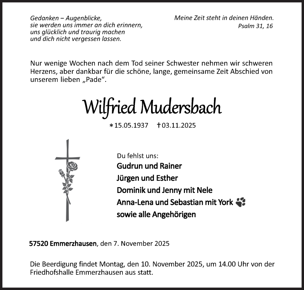  Traueranzeige für Wilfried Mudersbach vom 07.11.2025 aus Siegener Zeitung