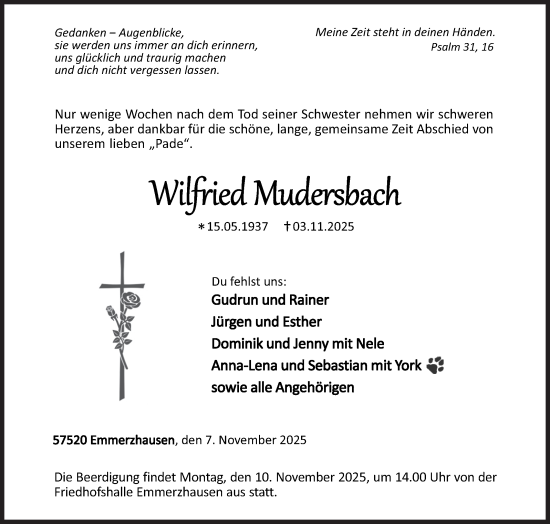 Traueranzeige von Wilfried Mudersbach von Siegener Zeitung