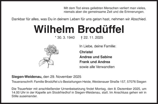 Traueranzeige von Wilhelm Brodüffel von Siegener Zeitung