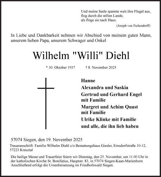 Traueranzeige von Wilhelm Diehl von Siegener Zeitung
