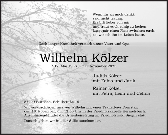 Traueranzeige von Wilhelm Kölzer von Siegener Zeitung