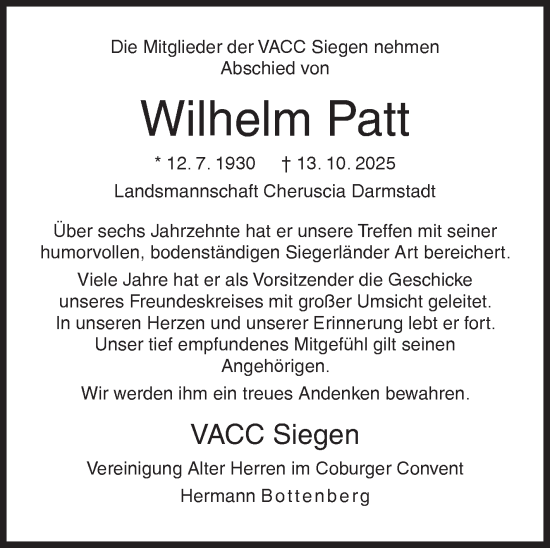 Traueranzeige von Wilhelm Patt von Siegener Zeitung