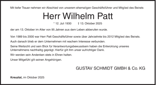 Traueranzeige von Wilhelm Patt von Siegener Zeitung