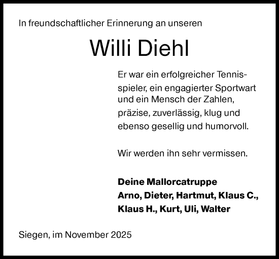 Traueranzeige von Willi Diehl von Siegener Zeitung