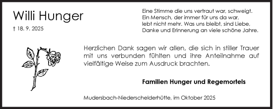 Traueranzeige von Willi Hunger von Siegener Zeitung