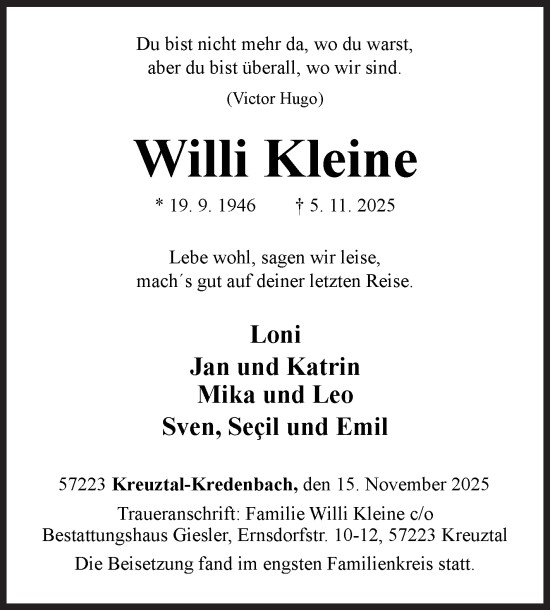 Traueranzeige von Willi Kleine von Siegener Zeitung