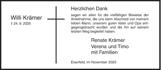 Traueranzeige von Willi Krämer von Siegener Zeitung