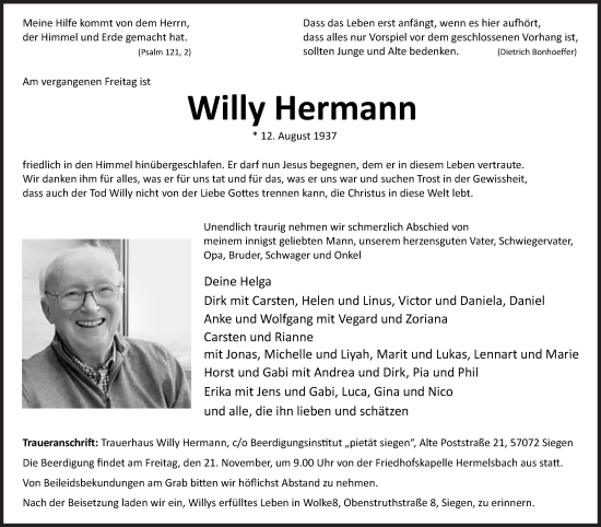 Traueranzeige von Willy Hermann von Siegener Zeitung