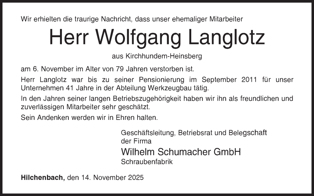  Traueranzeige für Wolfgang Langlotz vom 14.11.2025 aus Siegener Zeitung