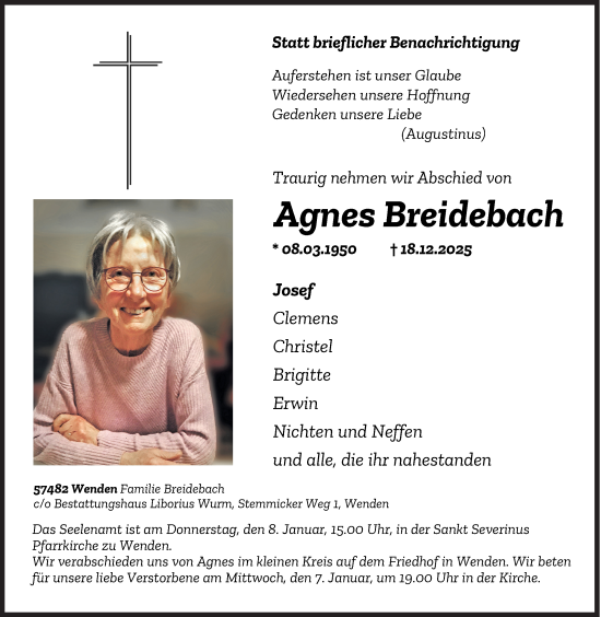 Traueranzeige von Agnes Breidebach von Siegener Zeitung
