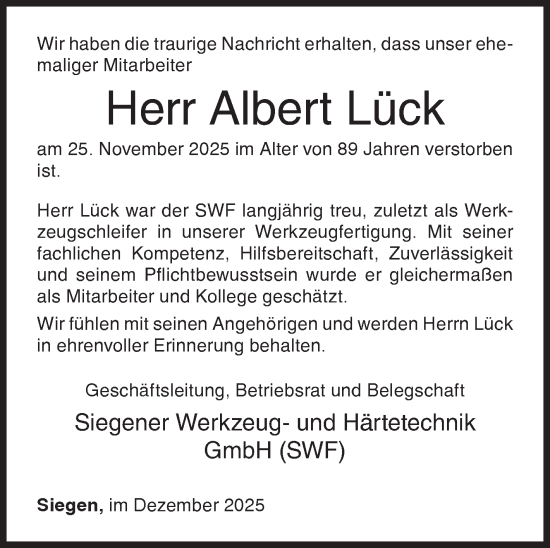 Traueranzeige von Albert Lück von Siegener Zeitung
