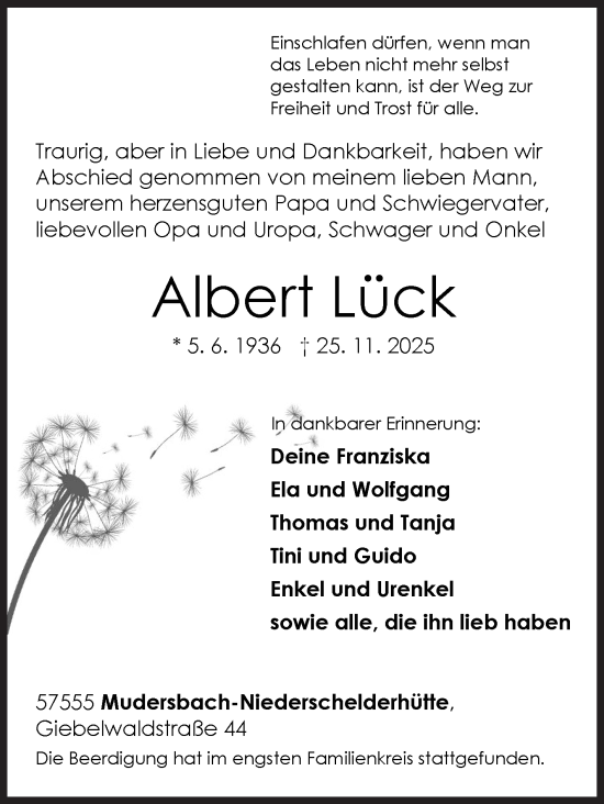 Traueranzeige von Albert Lück von Siegener Zeitung