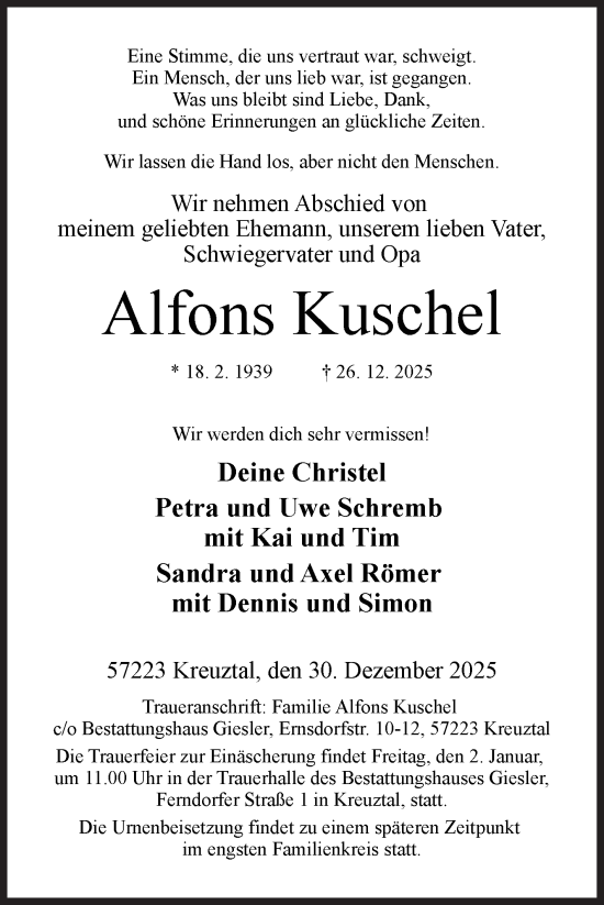 Traueranzeige von Alfons Kuschel von Siegener Zeitung