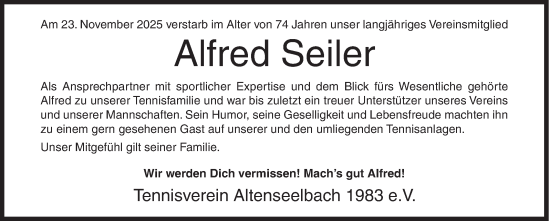 Traueranzeige von Alfred Seiler von Siegener Zeitung