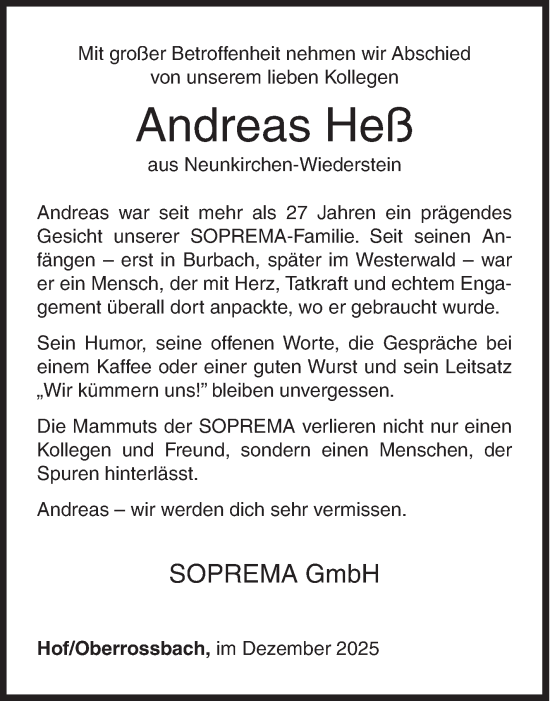 Traueranzeige von Andreas Heß von Siegener Zeitung