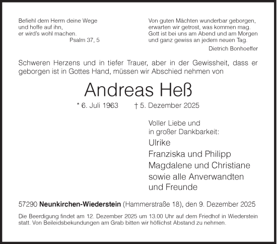 Traueranzeige von Andreas Heß von Siegener Zeitung