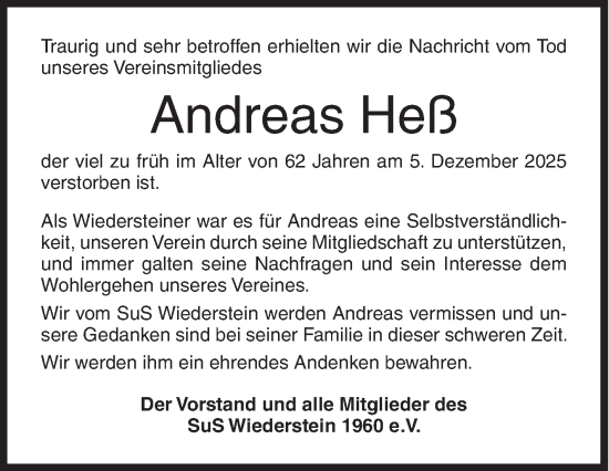 Traueranzeige von Andreas Heß von Siegener Zeitung