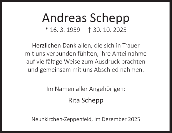 Traueranzeige von Andreas Schepp von Siegener Zeitung