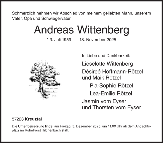 Traueranzeige von Andreas Wittenberg von Siegener Zeitung