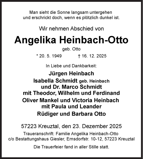 Traueranzeige von Angelika Heinbach-Otto von Siegener Zeitung