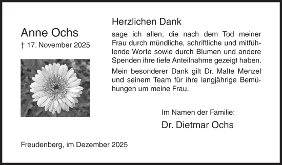 Traueranzeige von Anne Ochs von Siegener Zeitung