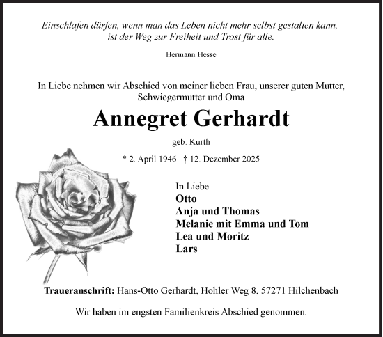Traueranzeige von Annegret Gerhardt von Siegener Zeitung