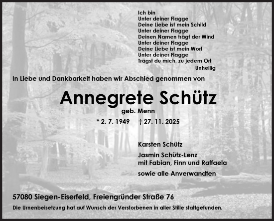 Traueranzeige von Annegrete Schütz von Siegener Zeitung