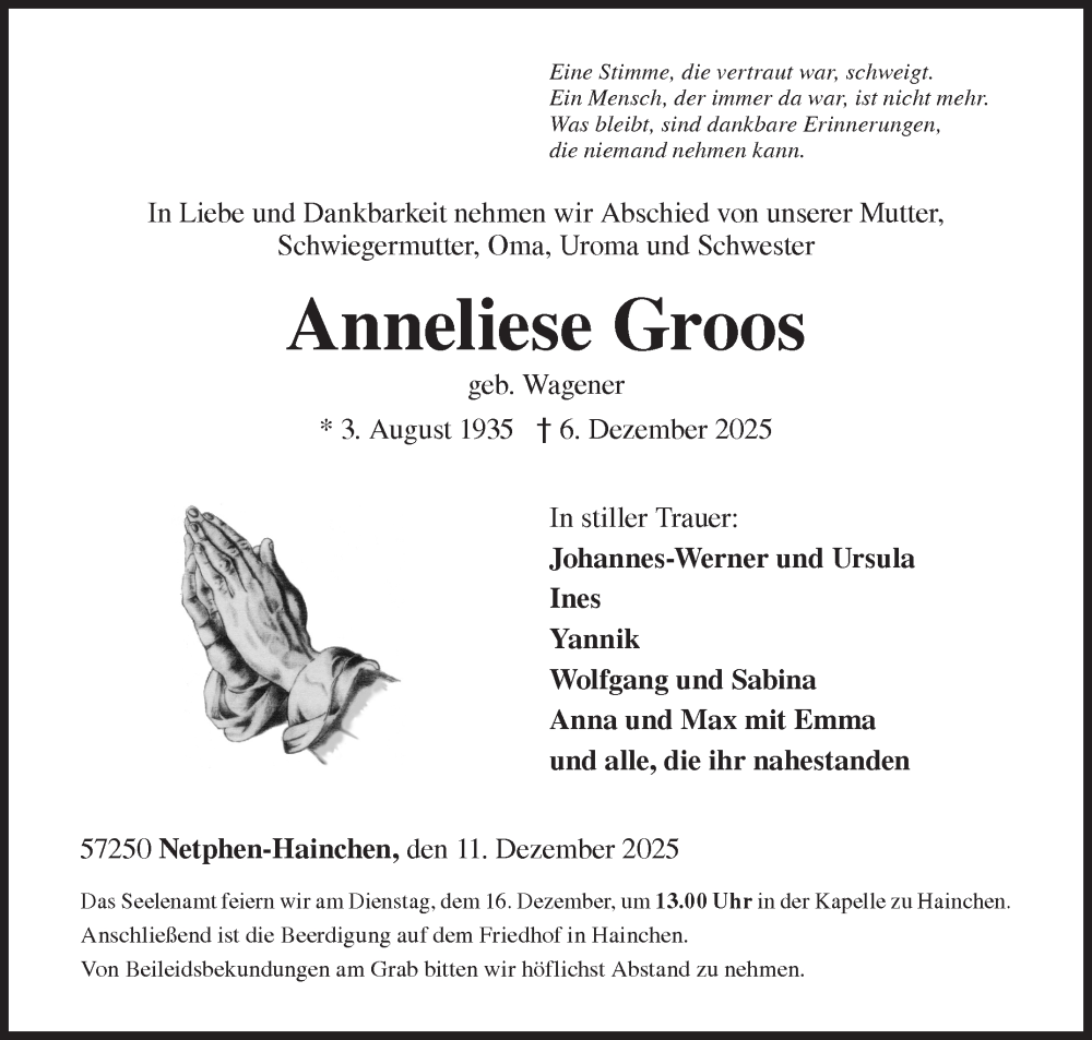  Traueranzeige für Anneliese Groos vom 11.12.2025 aus Siegener Zeitung