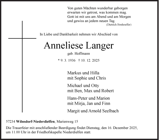 Traueranzeige von Anneliese Langer von Siegener Zeitung