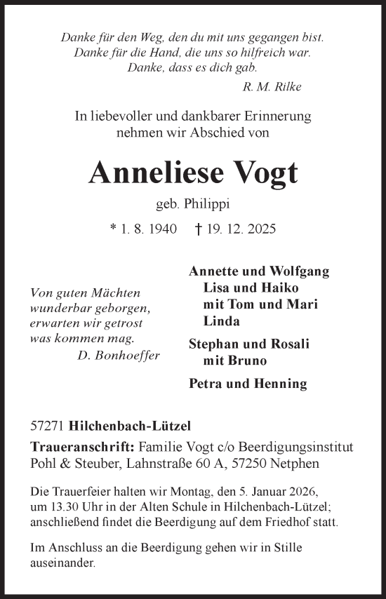 Traueranzeige von Anneliese Vogt von Siegener Zeitung