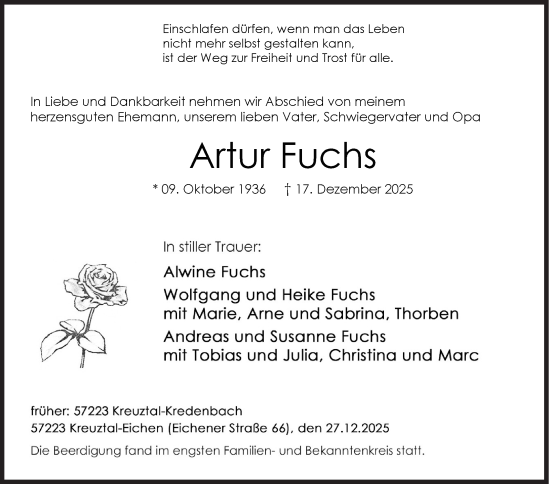 Traueranzeige von Artur Fuchs von Siegener Zeitung