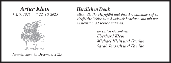 Traueranzeige von Artur Klein von Siegener Zeitung