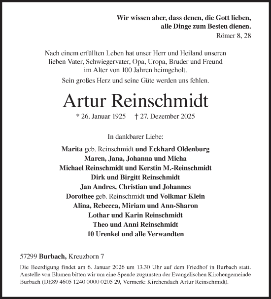 Traueranzeige von Artur Reinschmidt von Siegener Zeitung