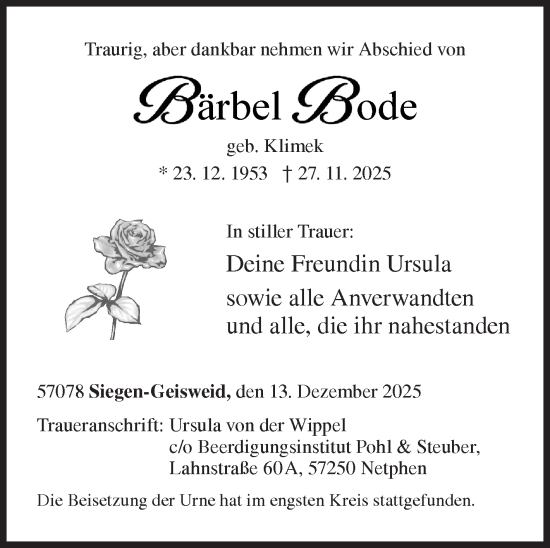 Traueranzeige von Bärbel Bode von Siegener Zeitung