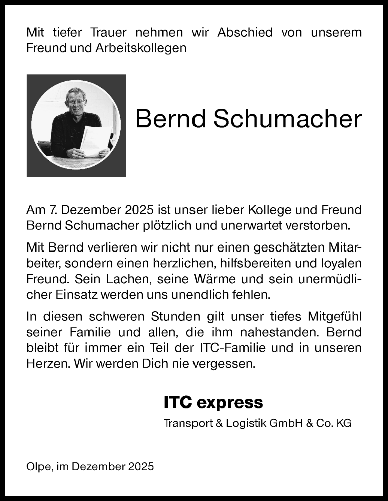  Traueranzeige für Bernd Schumacher vom 13.12.2025 aus Siegener Zeitung