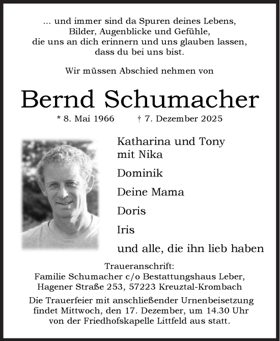 Traueranzeige von Bernd Schumacher von Siegener Zeitung