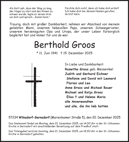 Traueranzeige von Berthold Groos von Siegener Zeitung