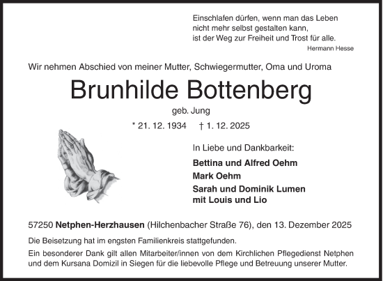 Traueranzeige von Brunhilde Bottenberg von Siegener Zeitung