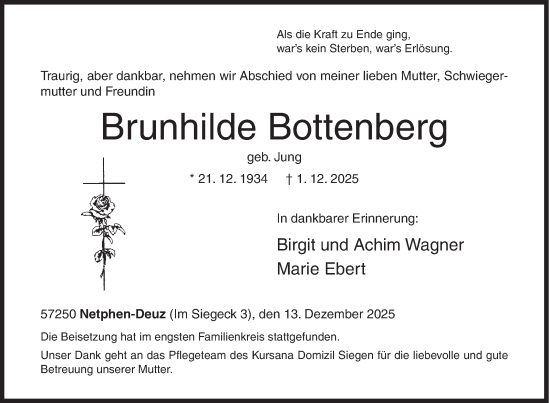 Traueranzeige von Brunhilde Bottenberg von Siegener Zeitung