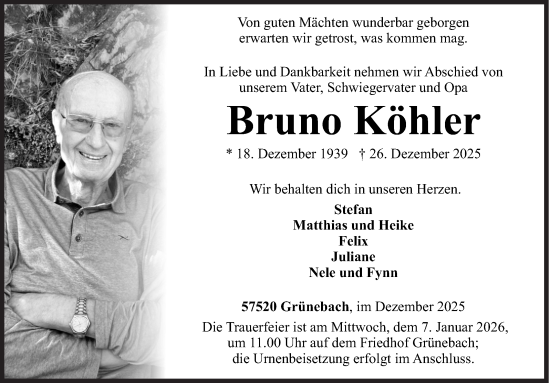 Traueranzeige von Bruno Köhler von Siegener Zeitung