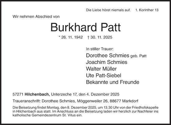 Traueranzeige von Burkhard Patt von Siegener Zeitung